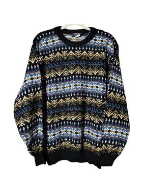 VTG Atlas Mens Blue Geometric Nordic Fair Isle Knit Crewneck Pullover Sweater XL